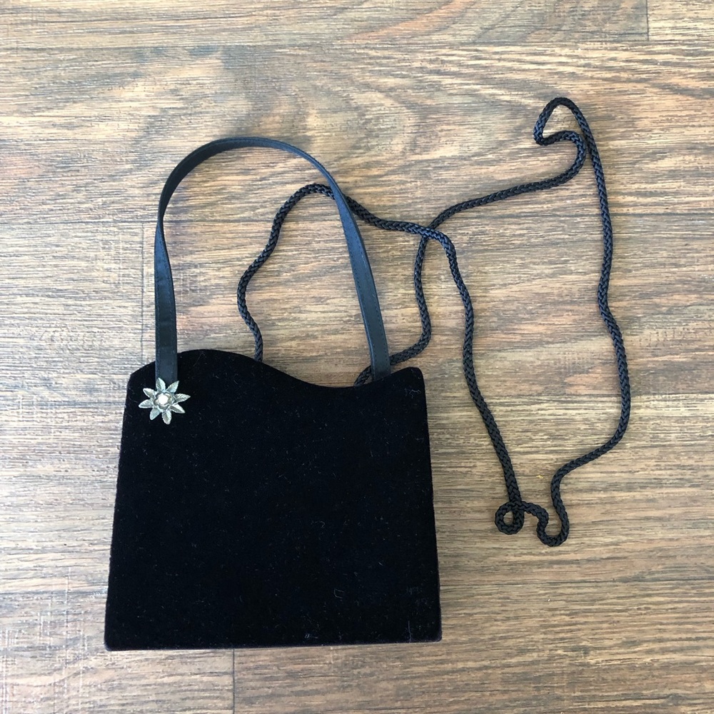 Vintage Motif Black Velvet Evening Bag with Antique Flower Detail